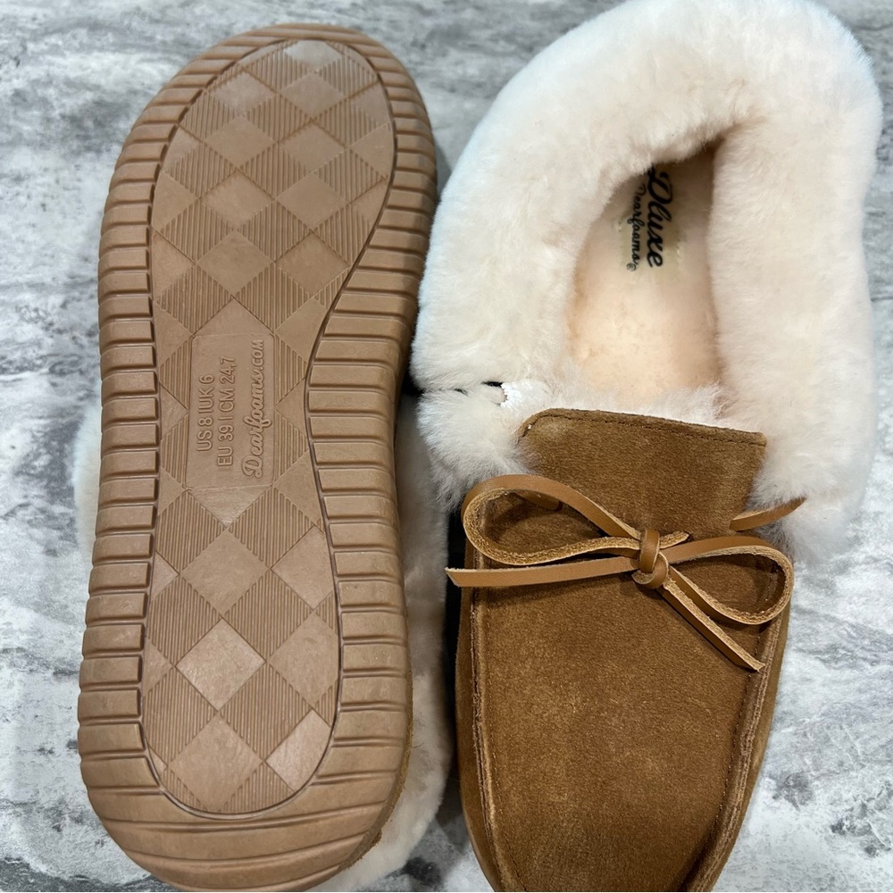 dluxe by dearfoams Women's Shearling Moc with Fur Casing Slippers - Tan 8 - Picture 5 of 5